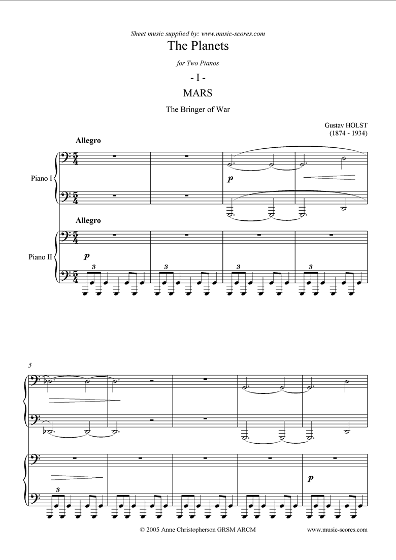 Front page of The Planets: 1 Mars sheet music