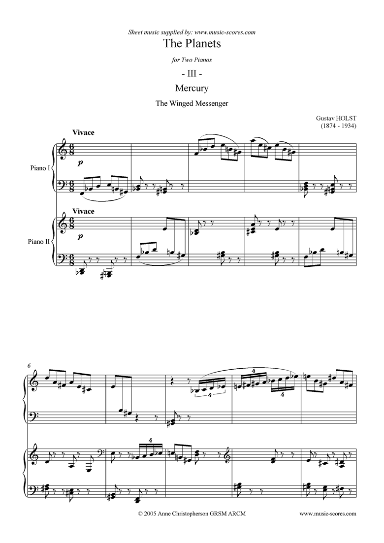 Front page of The Planets: 3 Mercury sheet music