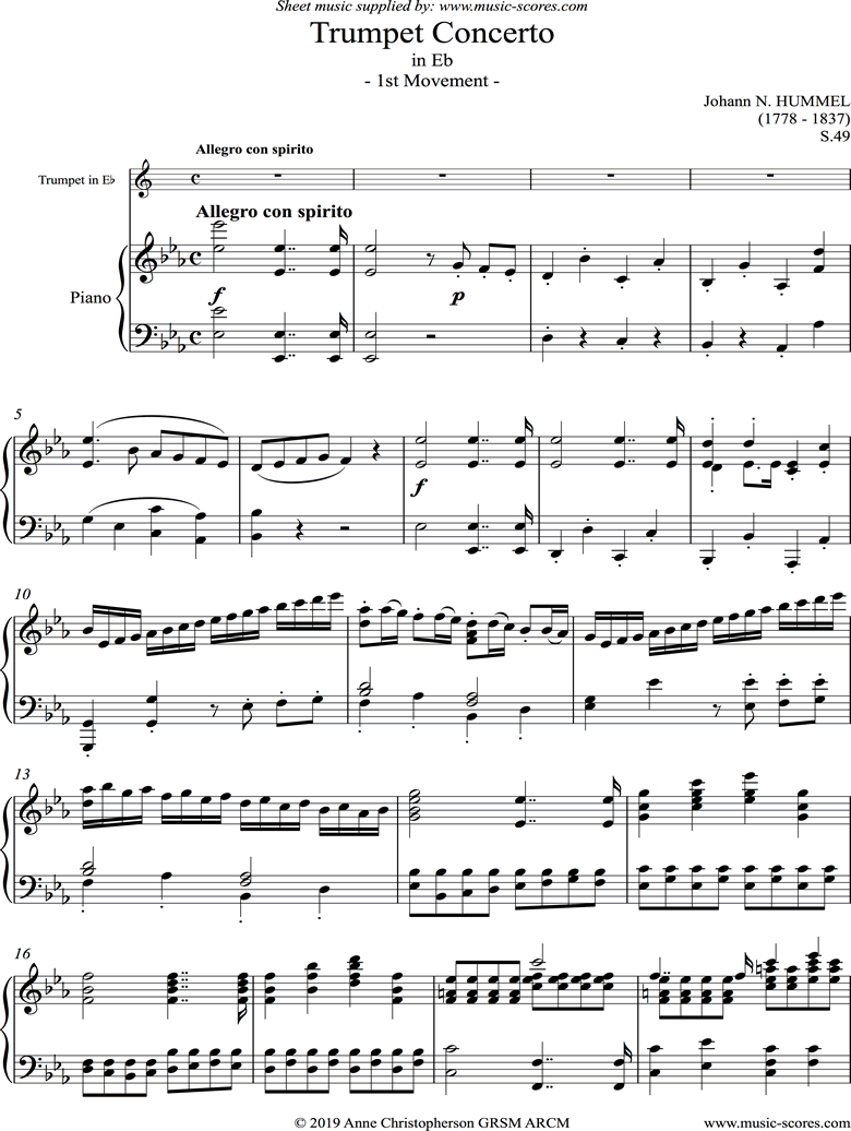 Front page of Trumpet Concerto in Eb: 1st movement for Trumpet in Eb and Piano sheet music