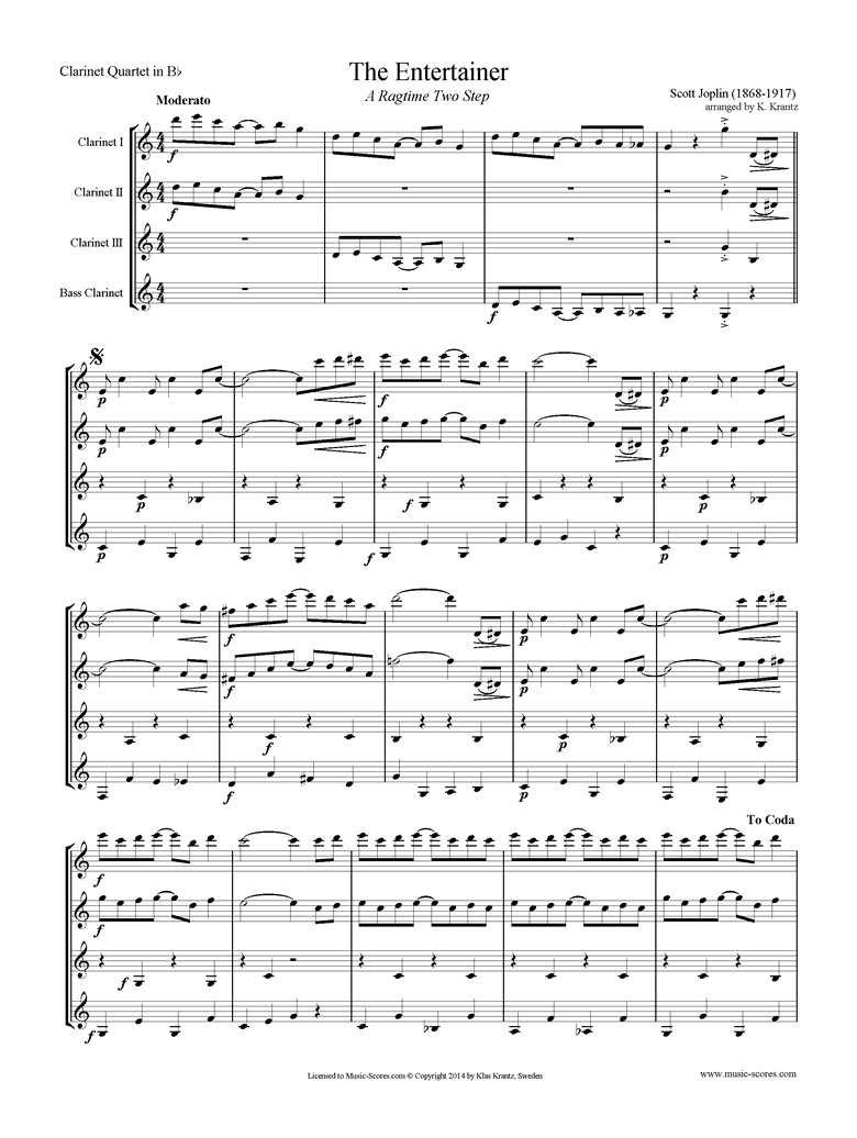 Front page of The Entertainer: 4 Clarinets sheet music