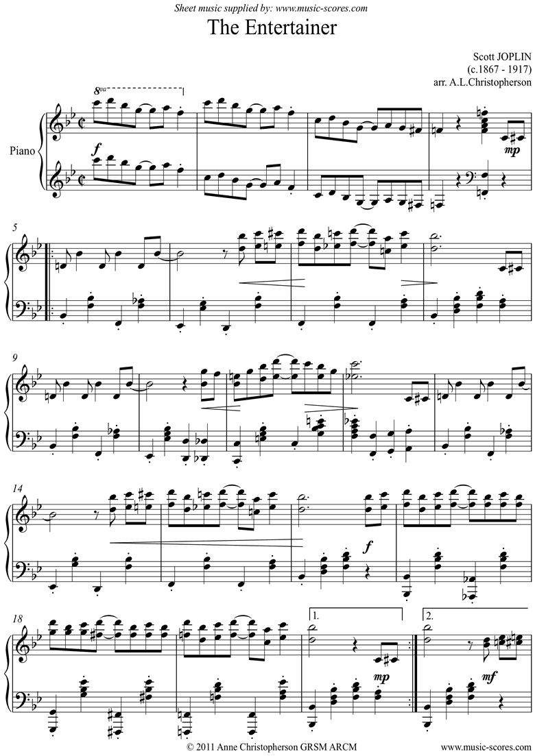 Sheet Music For The Entertainer Easy Version : Scott Joplin The