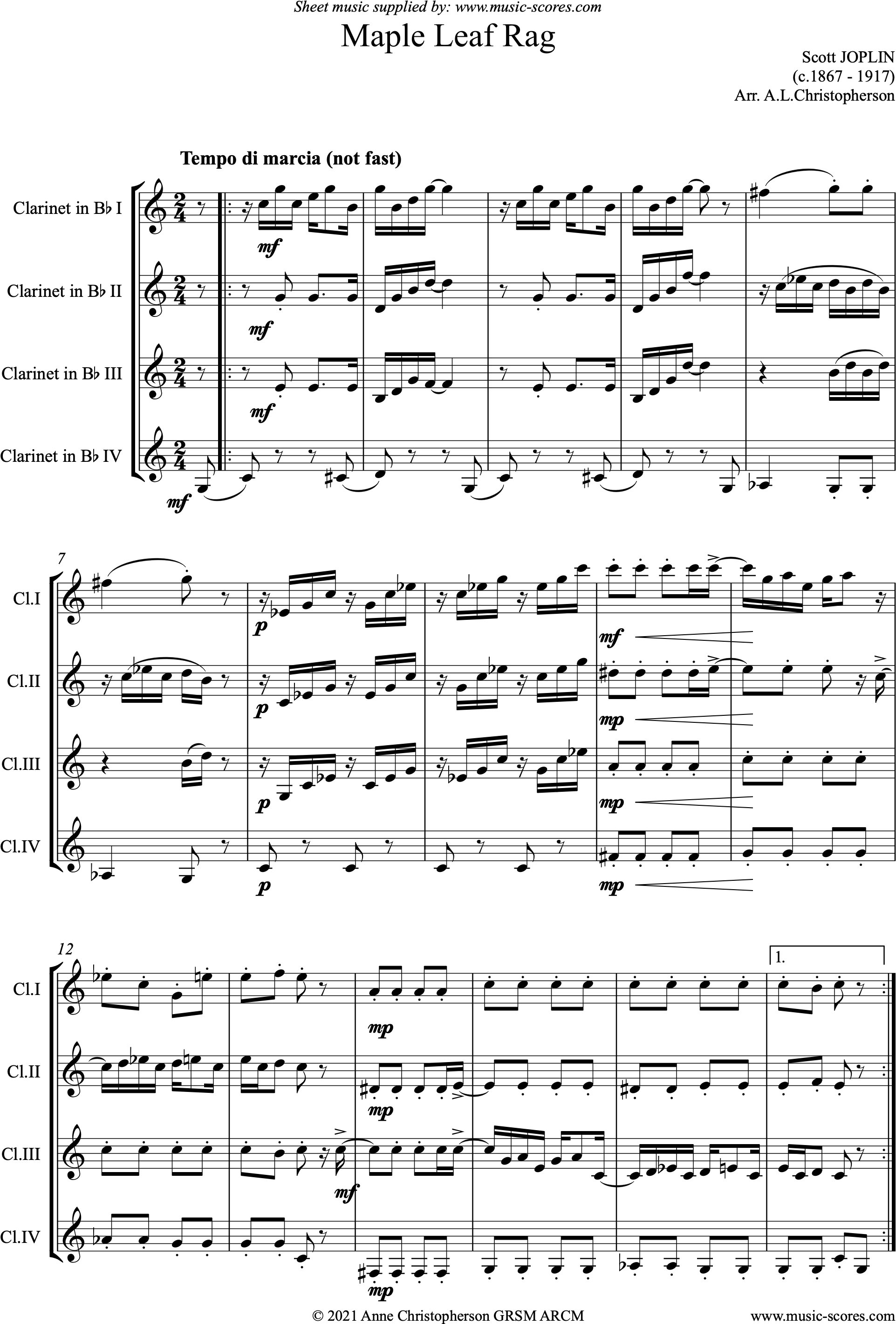 Front page of Maple Leaf Rag: 4 Clarinets sheet music