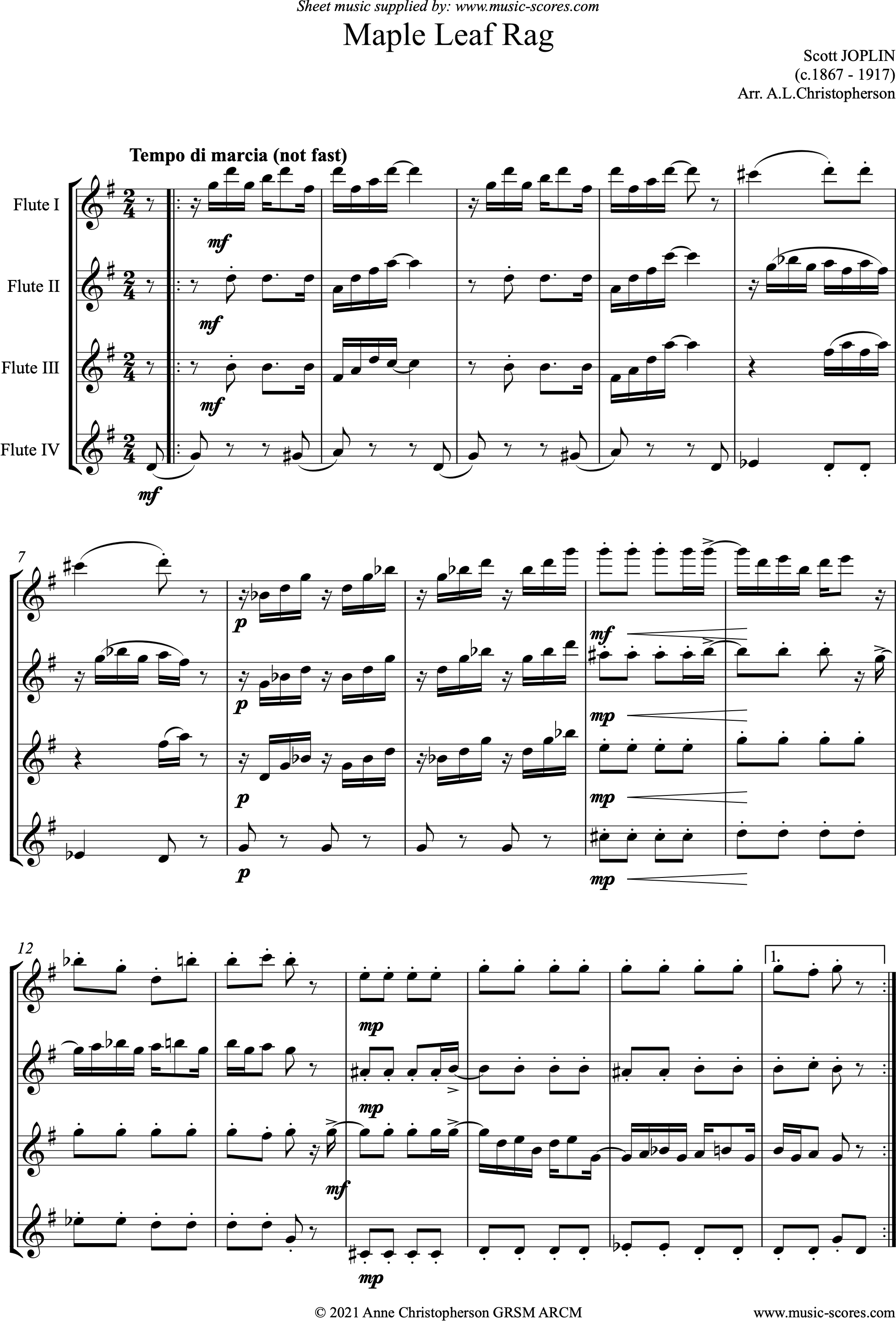 Front page of Maple Leaf Rag: 4 Flutes sheet music