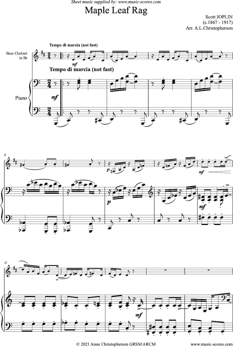 Front page of Maple Leaf Rag: Bass Clarinet, Piano sheet music