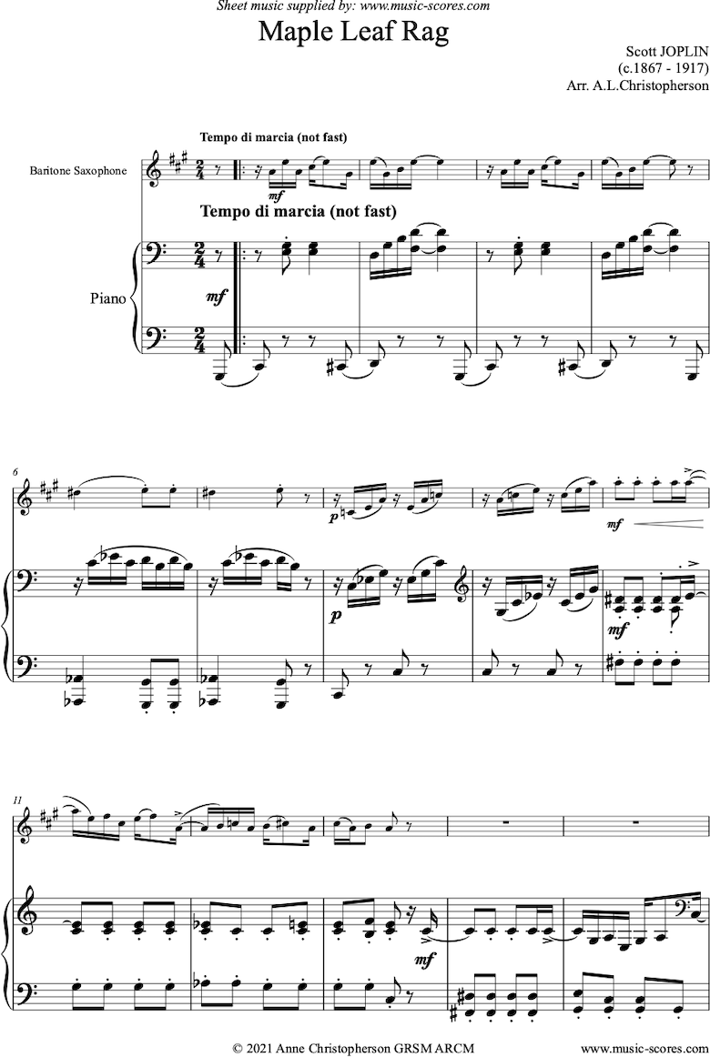 Front page of Maple Leaf Rag: Baritone Sax, Piano sheet music