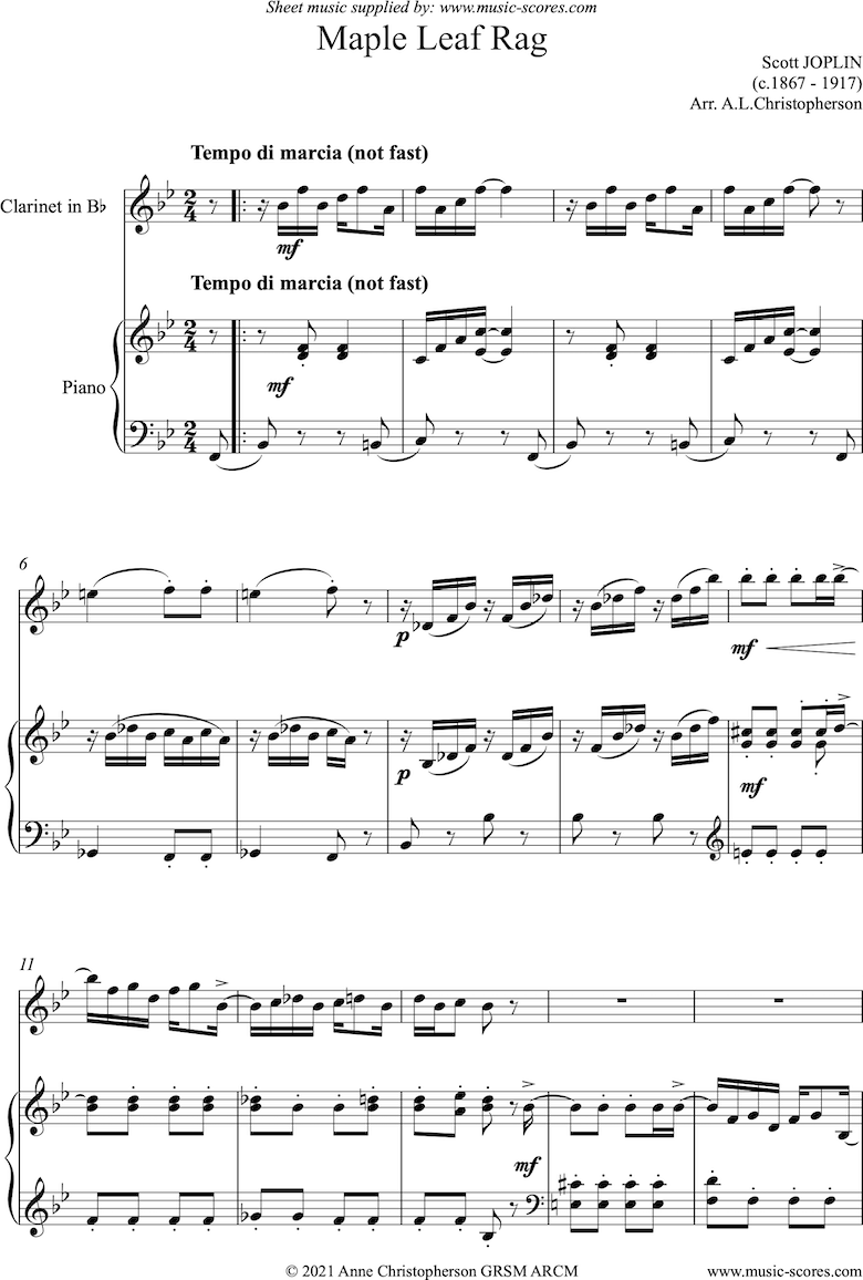 Front page of Maple Leaf Rag: Clarinet, Piano sheet music