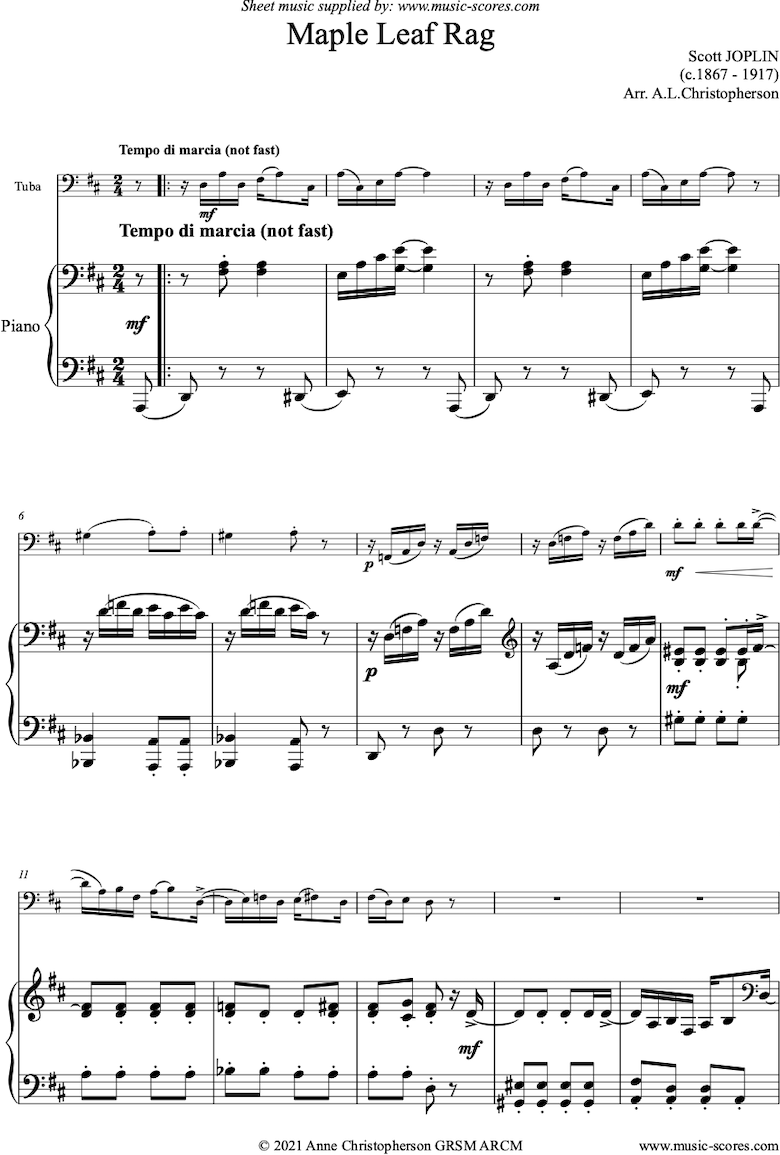 Front page of Maple Leaf Rag: Tuba, Piano sheet music