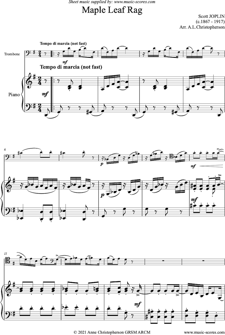 Front page of Maple Leaf Rag: Trombone, Piano sheet music