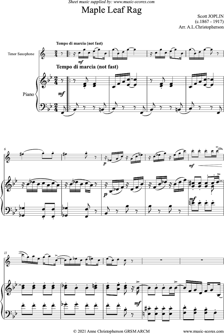 Front page of Maple Leaf Rag: Tenor Sax, Piano sheet music