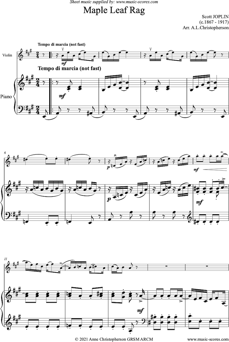 Front page of Maple Leaf Rag: Violin, Piano sheet music