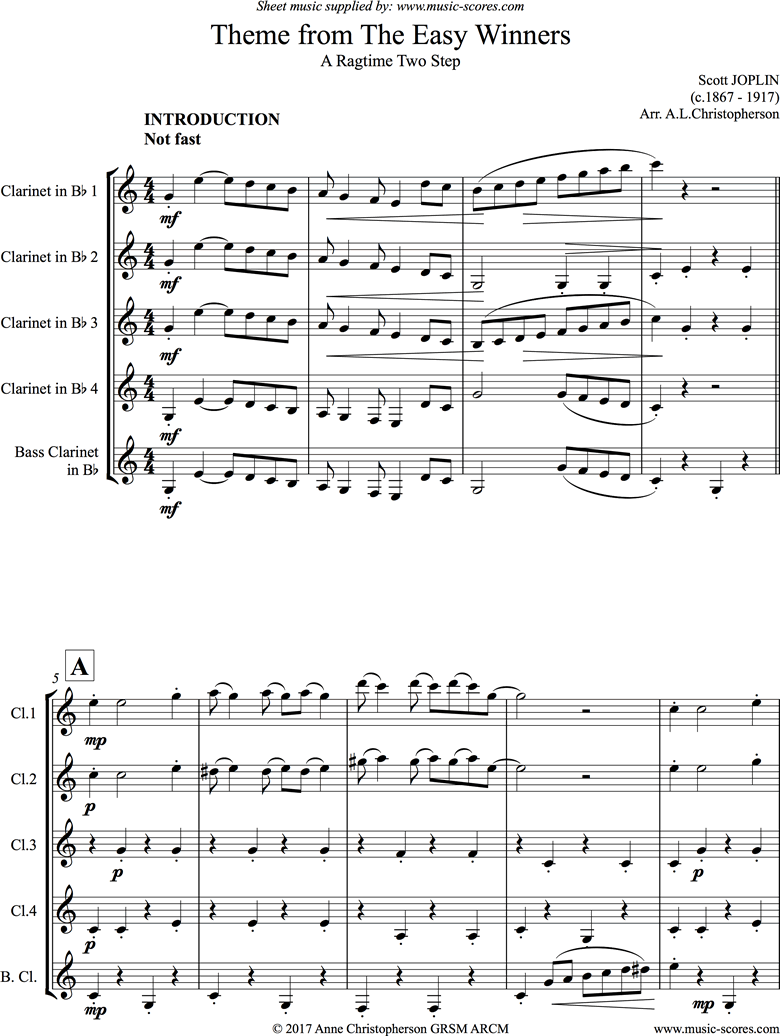 Front page of The Easy Winners Theme: 4 Clarinets, Bass Clarinet sheet music
