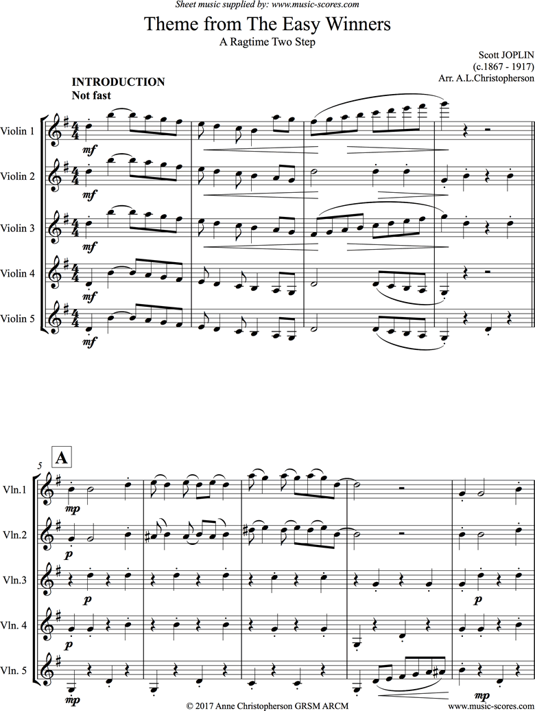 Front page of The Easy Winners Theme: 5 Violins sheet music