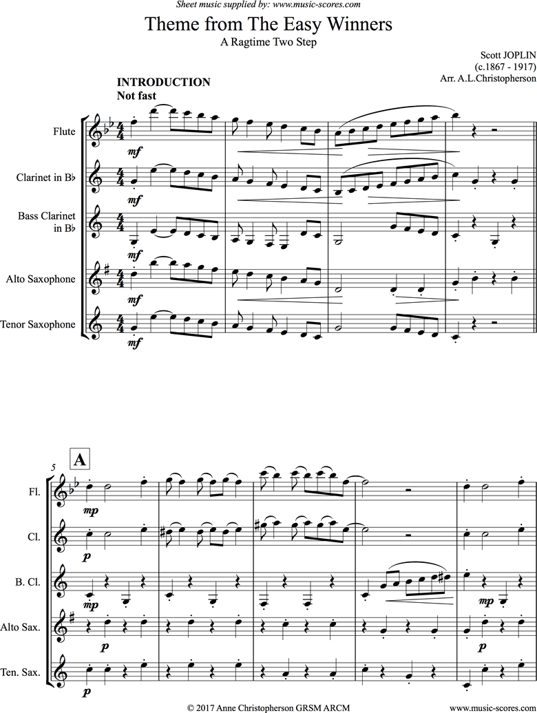 Front page of The Easy Winners Theme: Fl, Clari, Alto, Tenor sax, Bass Clarinet sheet music