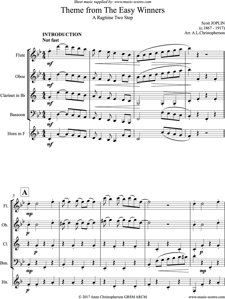 Front page of The Easy Winners Theme: Flute, Oboe, Clarinet, Bassoon, Horn sheet music