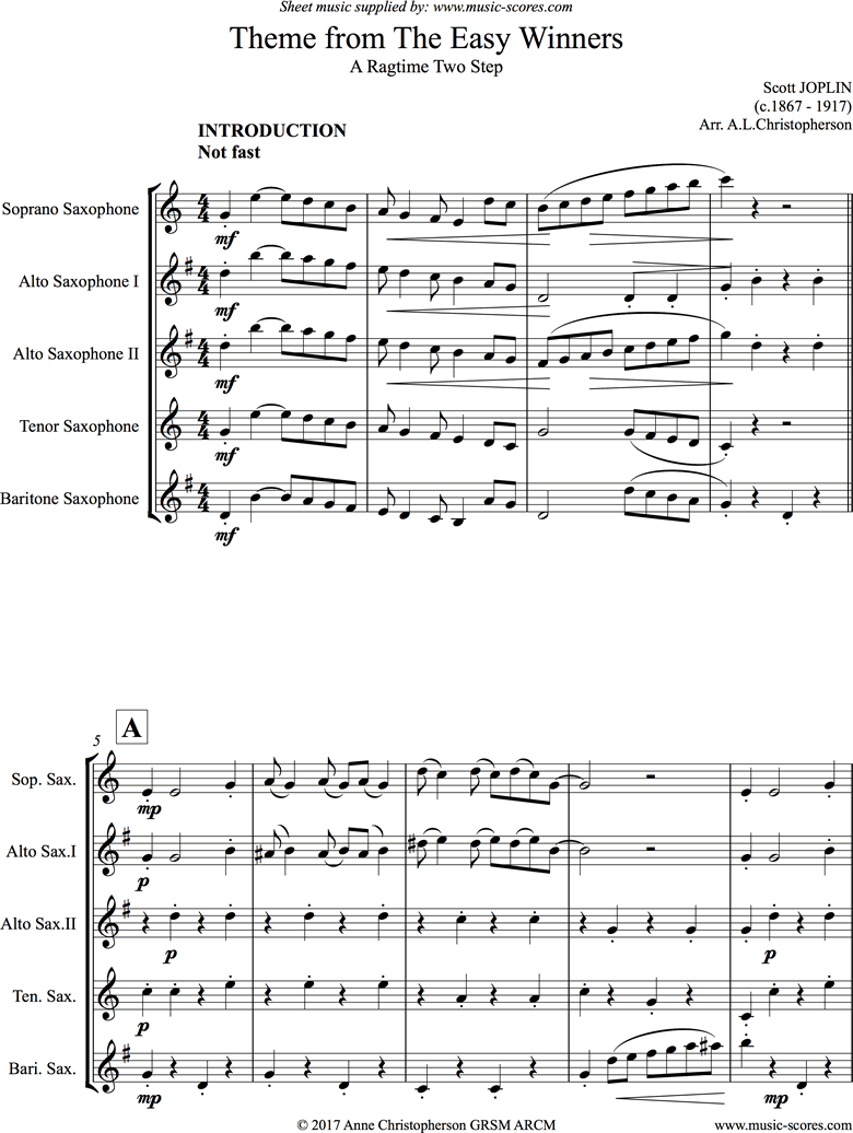 Front page of The Easy Winners Theme: Soprano Sax, 2 Altos, Tenor, Baritone Saxophones. sheet music