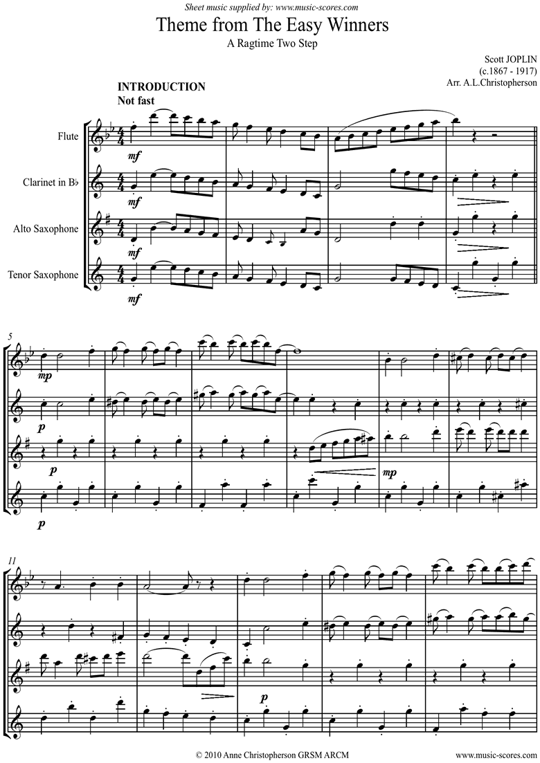 Front page of The Easy Winners Theme: Fl, Clari, Alto, Tenor sax sheet music