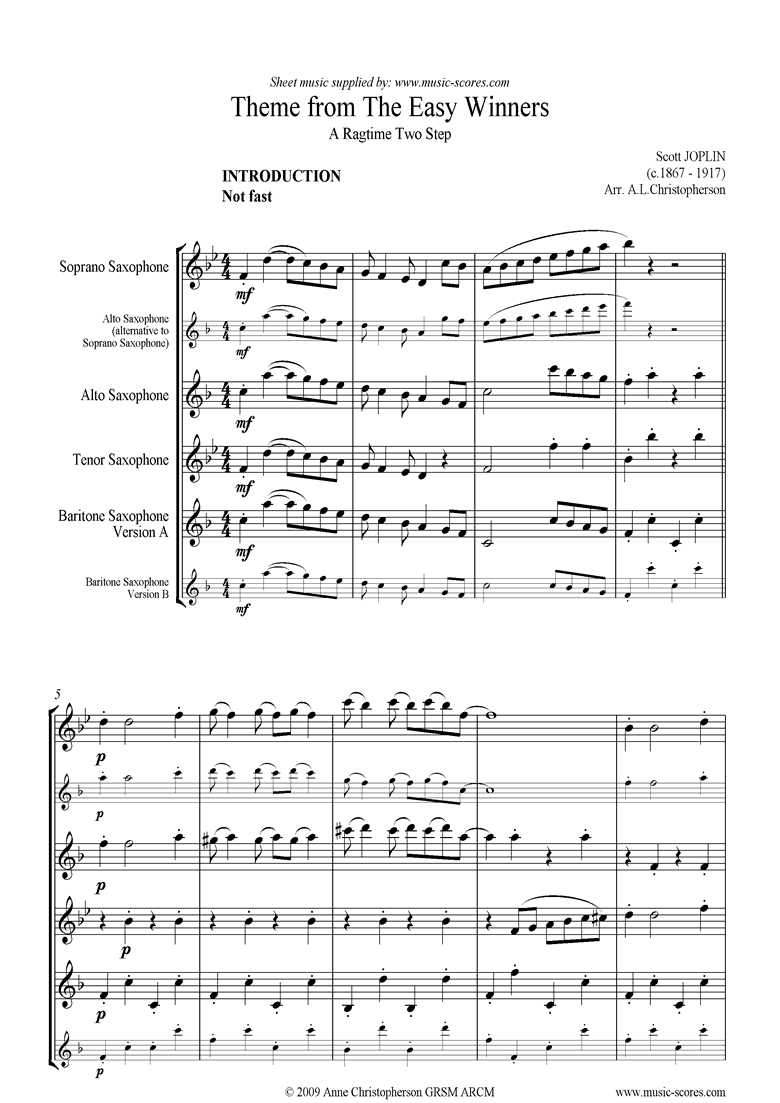 Front page of The Easy Winners Theme: Saxophone Quartet. sheet music