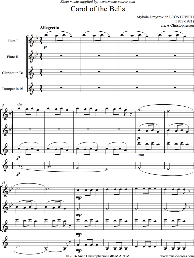Front page of Carol of the Bells - 2 Flutes, Clarinet, Trumpet sheet music