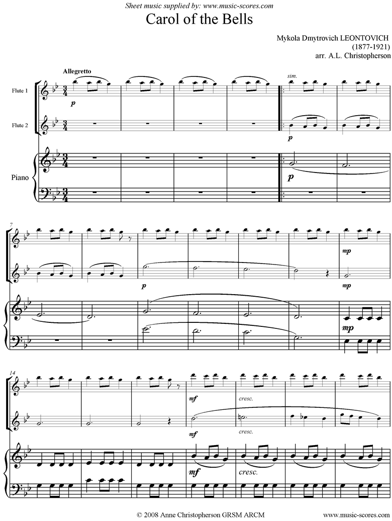 Front page of Carol of the Bells - 2 Flutes, Piano: G mi sheet music