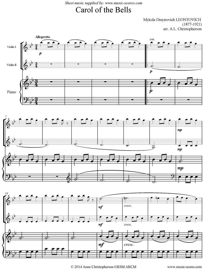 Front page of Carol of the Bells - 2 Violins, Piano: G mi sheet music
