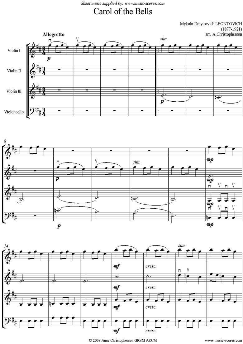 Front page of Carol of the Bells - 3 Violins and Cello sheet music