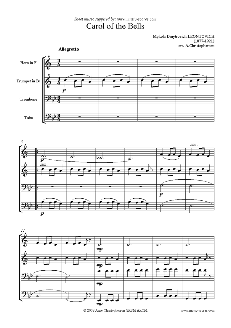 Front page of Carol of the Bells - Brass Quartet sheet music