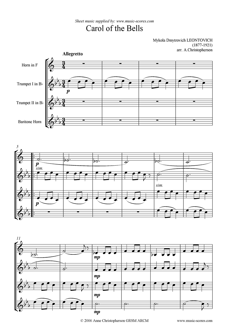Front page of Carol of the Bells - Horn, 2 Tpts, Bari Horn sheet music