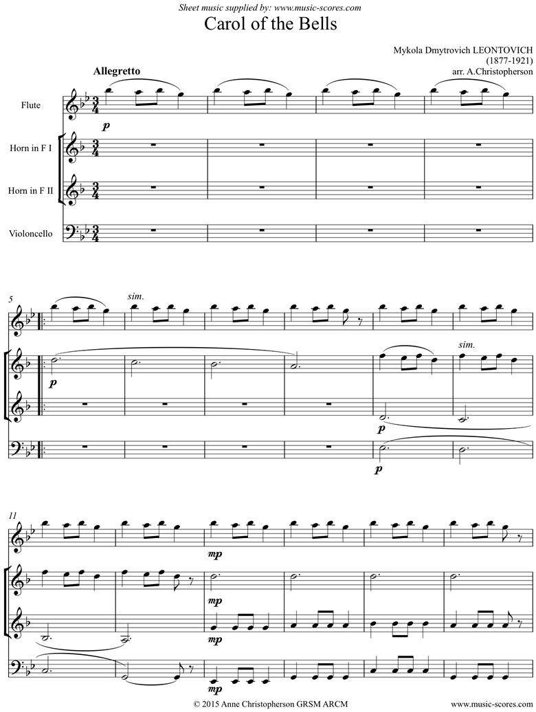 Front page of Carol of the Bells - Flute, 2 French Horns, Cello sheet music