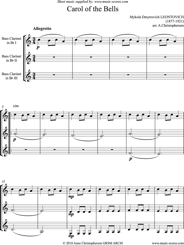 Front page of Carol of the Bells - 3 Bass Clarinets sheet music