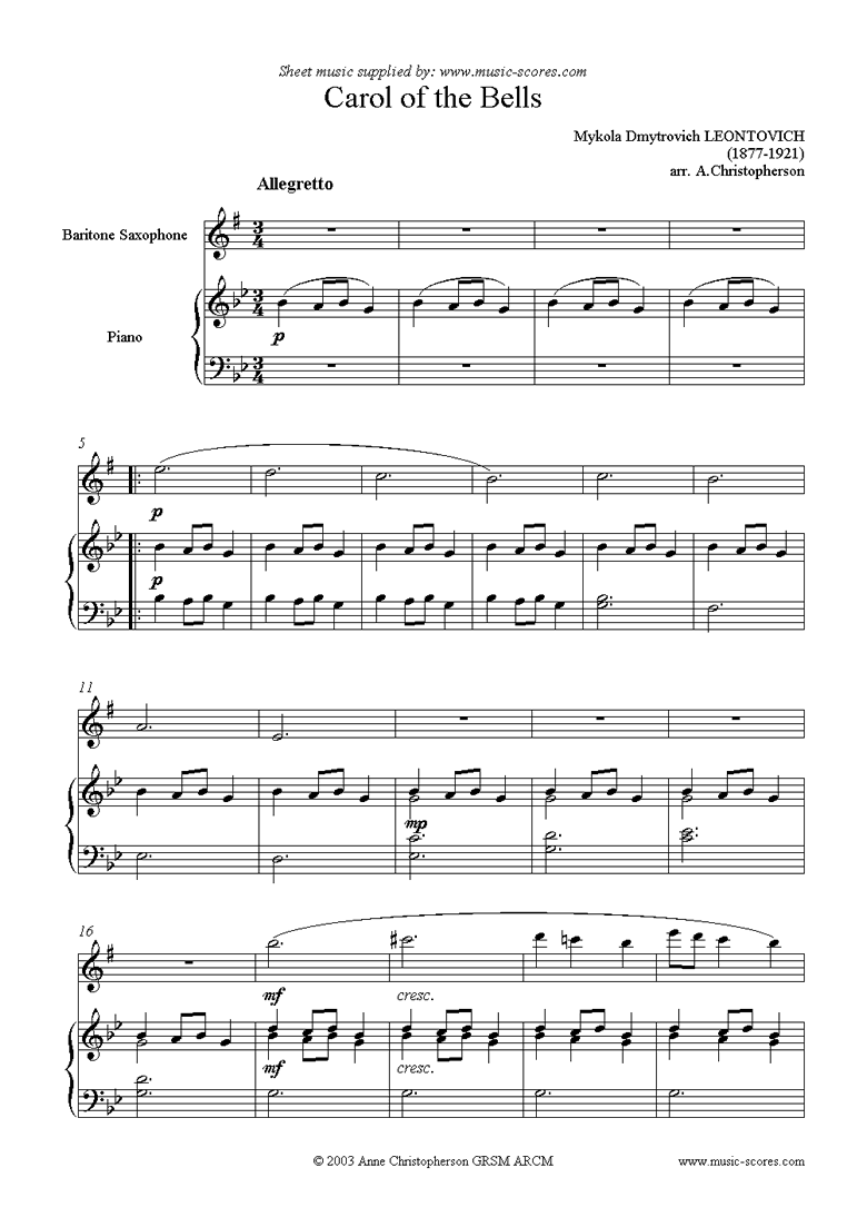 Front page of Carol of the Bells - Baritone Saxophone sheet music