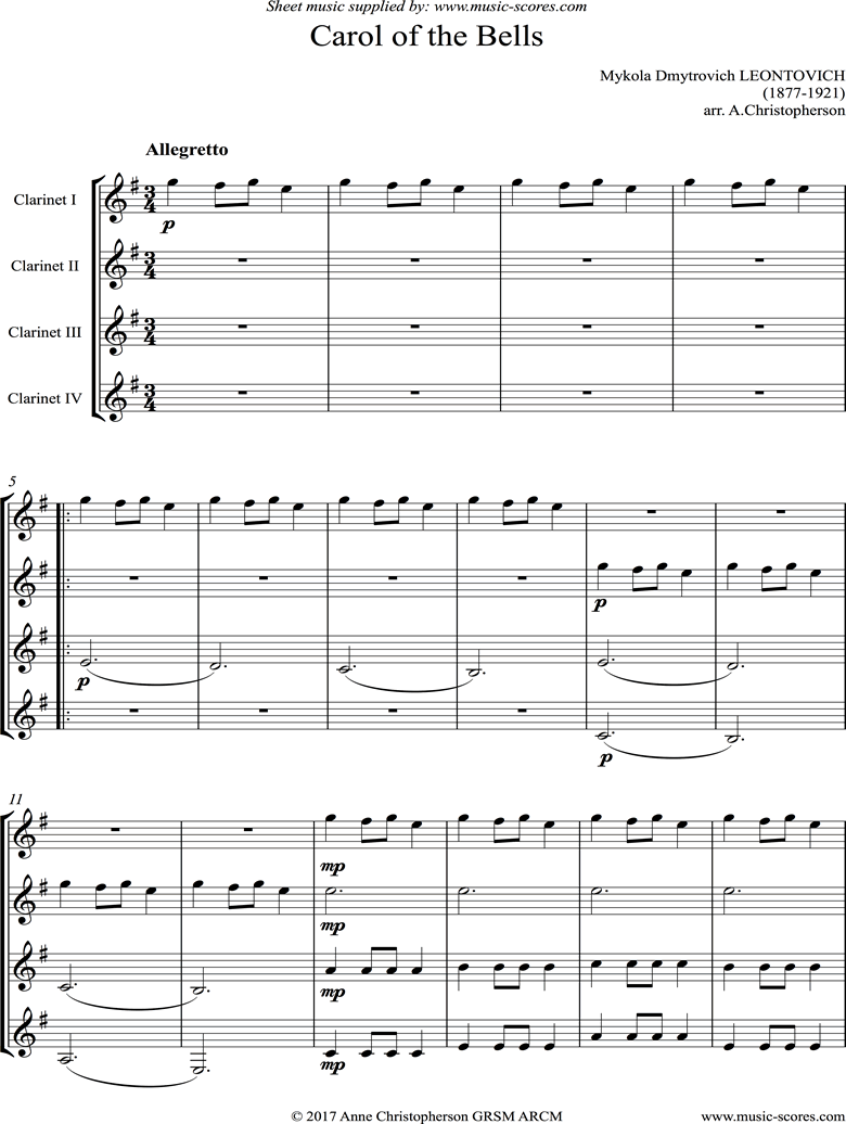 Front page of Carol of the Bells - Clarinet Quartet sheet music