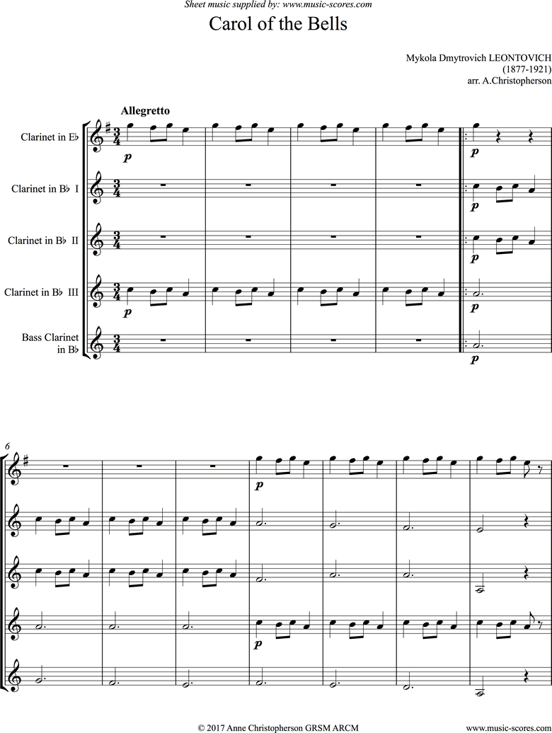 Front page of Carol of the Bells - Clarinet Quintet sheet music