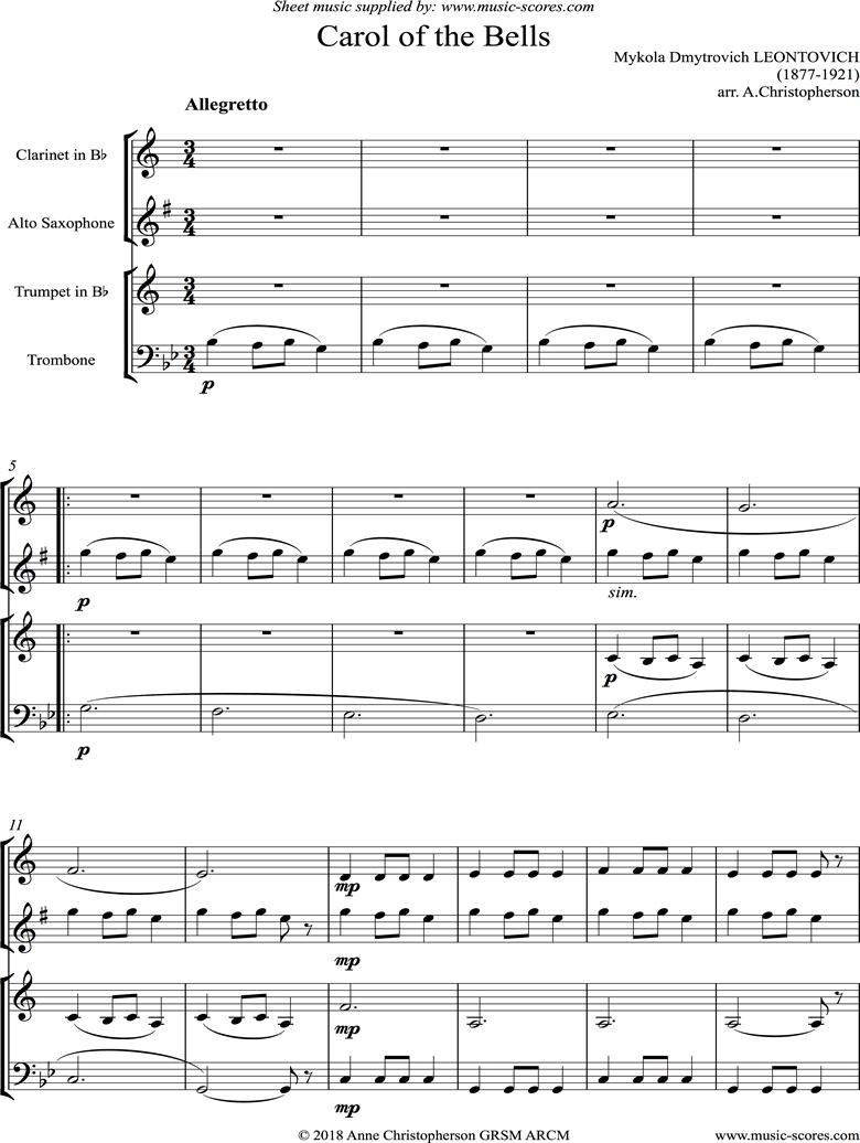 Front page of Carol of the Bells - Clarinet, Alto Sax, Trumpet, Trombone sheet music