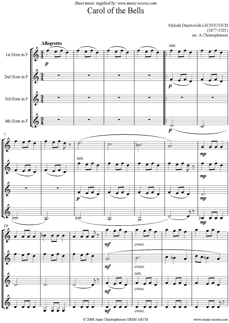 Front page of Carol of the Bells - Horn Quartet sheet music