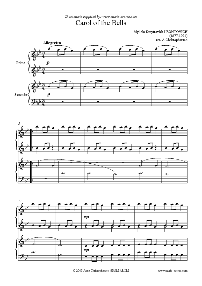 Front page of Carol of the Bells - Piano Duet sheet music