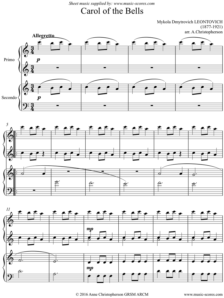 Front page of Carol of the Bells - Piano Duet: A minor sheet music