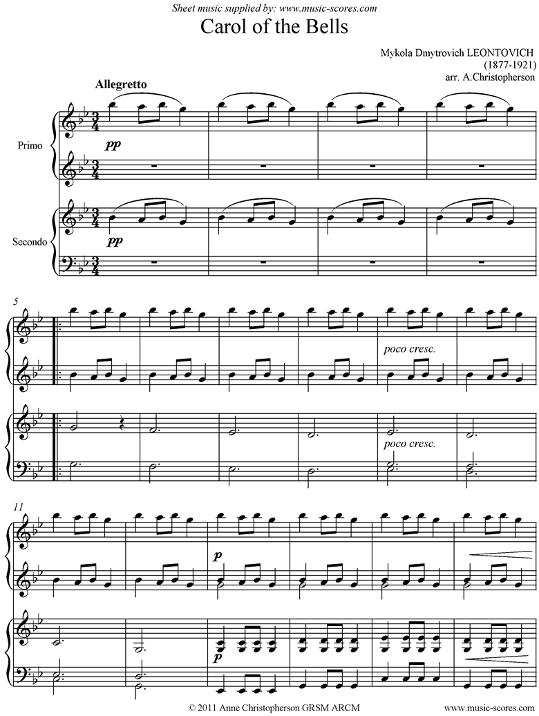 Front page of Carol of the Bells - Piano Duet. Harder sheet music