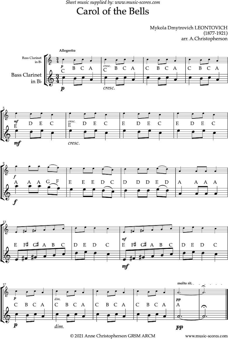 Front page of Carol of the Bells - Easy Bass Clarinet solo sheet music