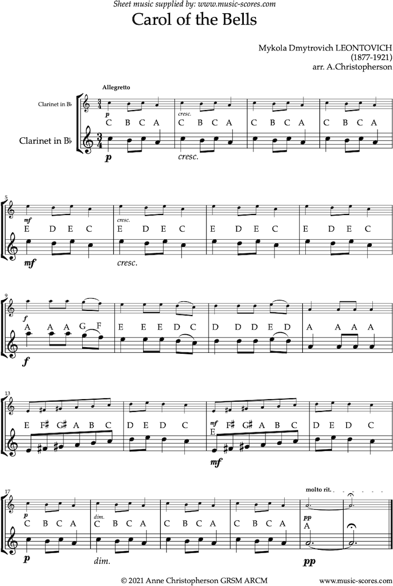 Front page of Carol of the Bells - Easy Clarinet solo sheet music