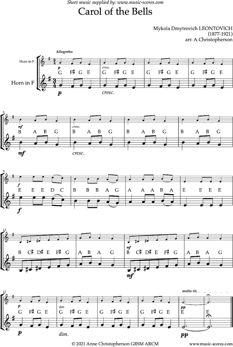 Front page of Carol of the Bells - Easy French Horn solo sheet music