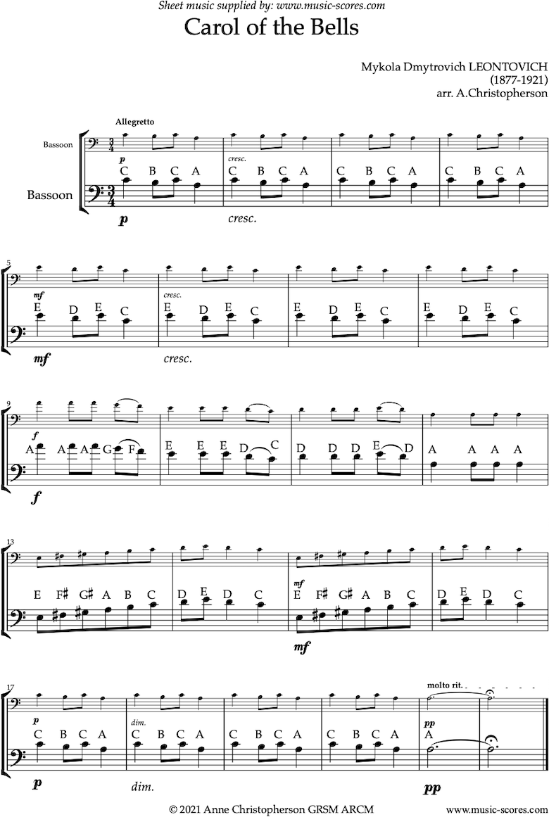 Leontovich. Carol of the Bells Easy Bassoon solo classical sheet