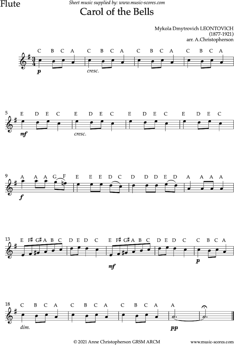 Front page of Carol of the Bells - Easy Flute solo sheet music