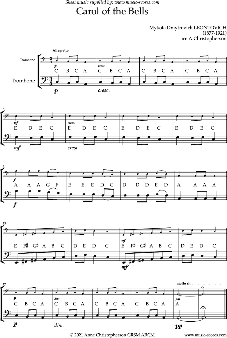 Front page of Carol of the Bells - Easy Trombone solo sheet music