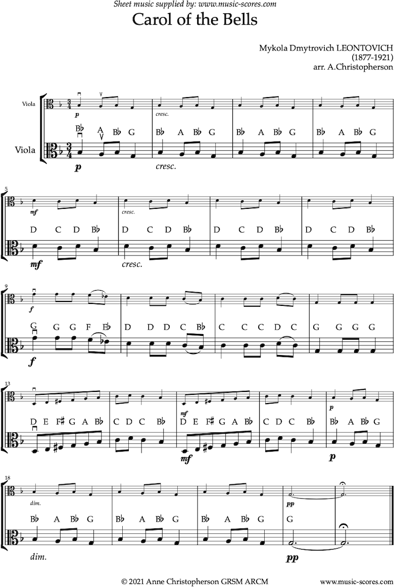 Front page of Carol of the Bells - Easy Viola solo sheet music