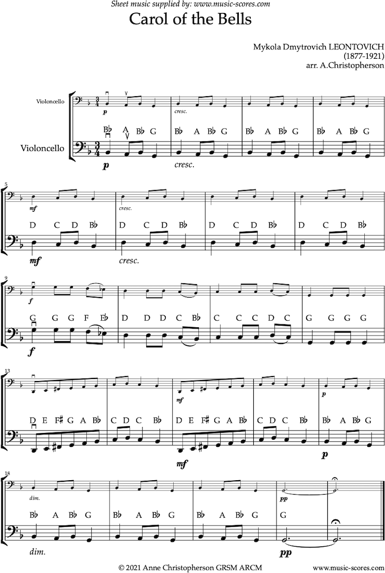 Front page of Carol of the Bells - Easy Cello solo sheet music