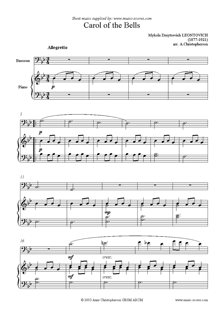 Front page of Carol of the Bells - Bassoon sheet music