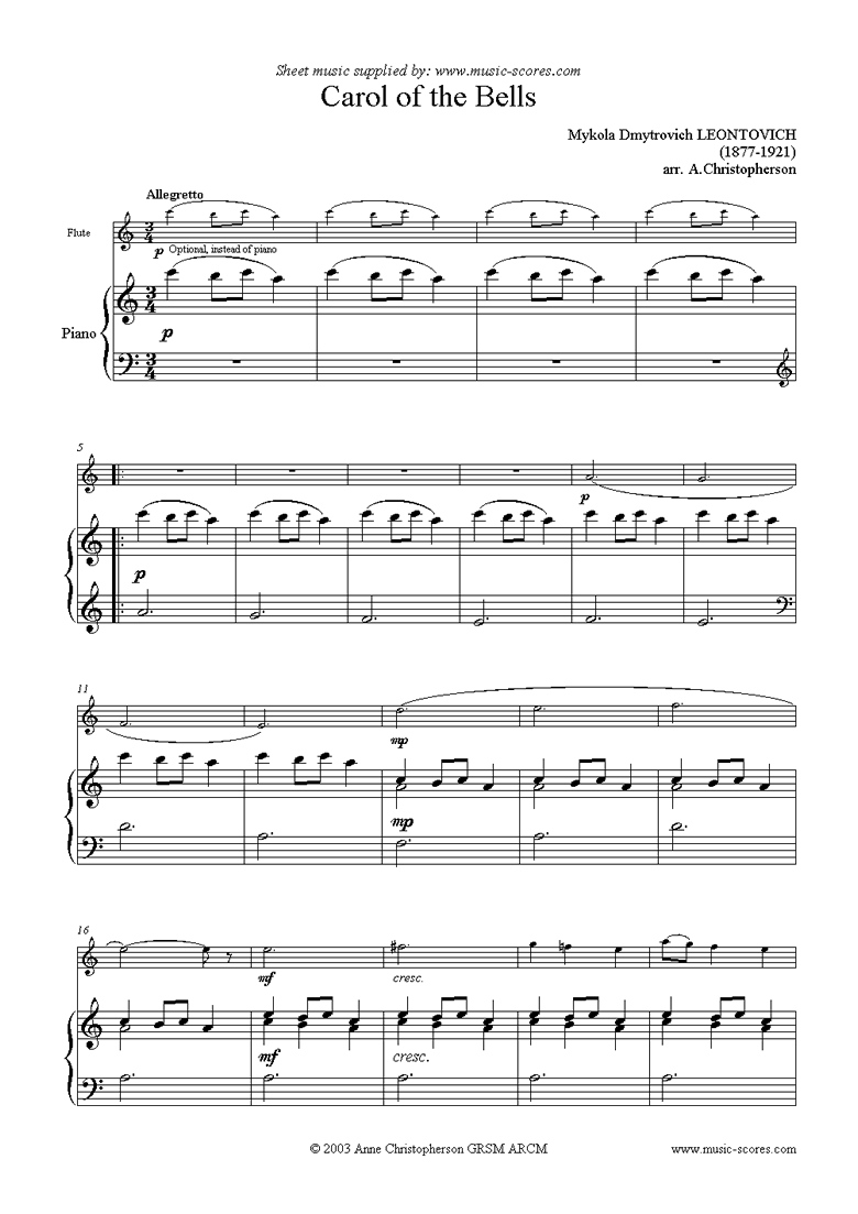 Front page of Carol of the Bells - Flute sheet music