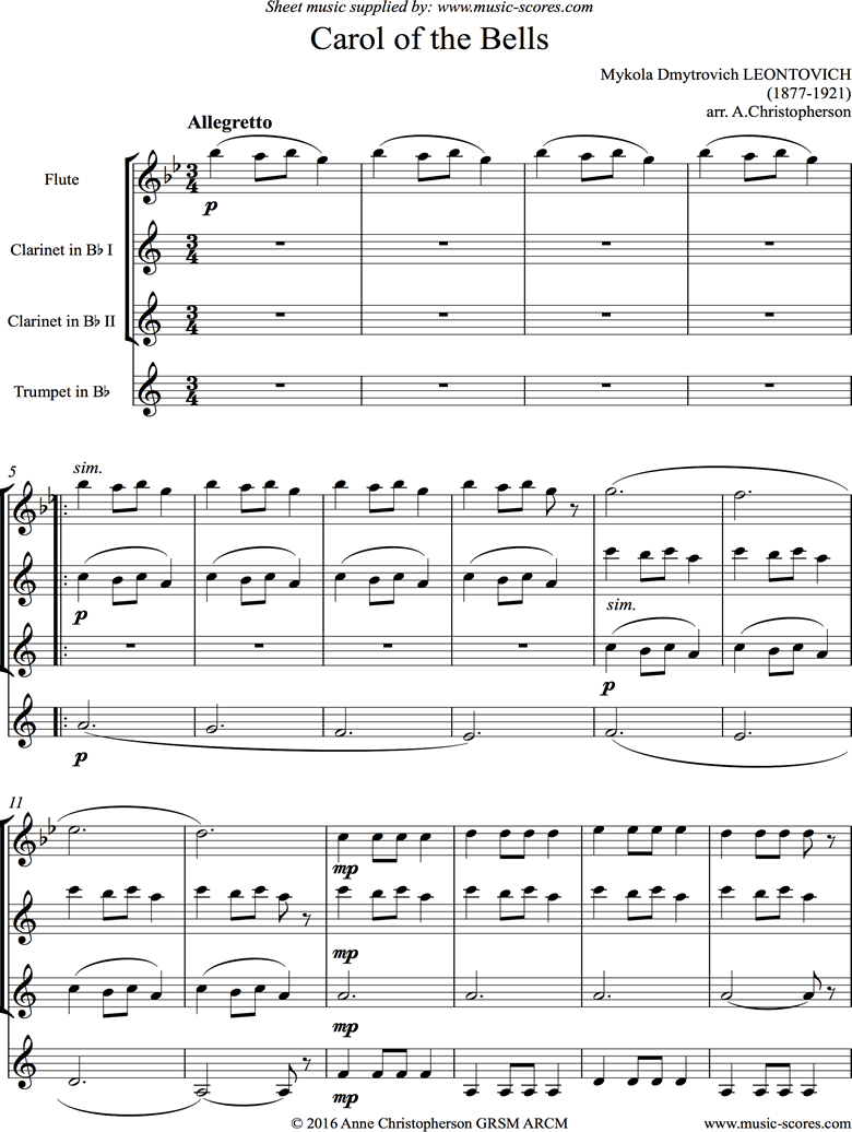 Front page of Carol of the Bells - Flute, 2 Clarinets, Trumpet sheet music