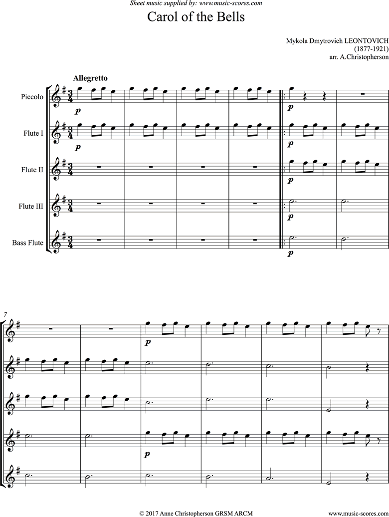 Front page of Carol of the Bells - Flute Quintet sheet music