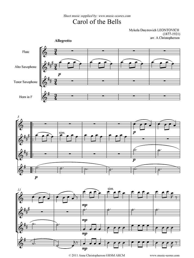 Front page of Carol of the Bells - Flute, Alto Sax, Tenor Sax, French Horn sheet music
